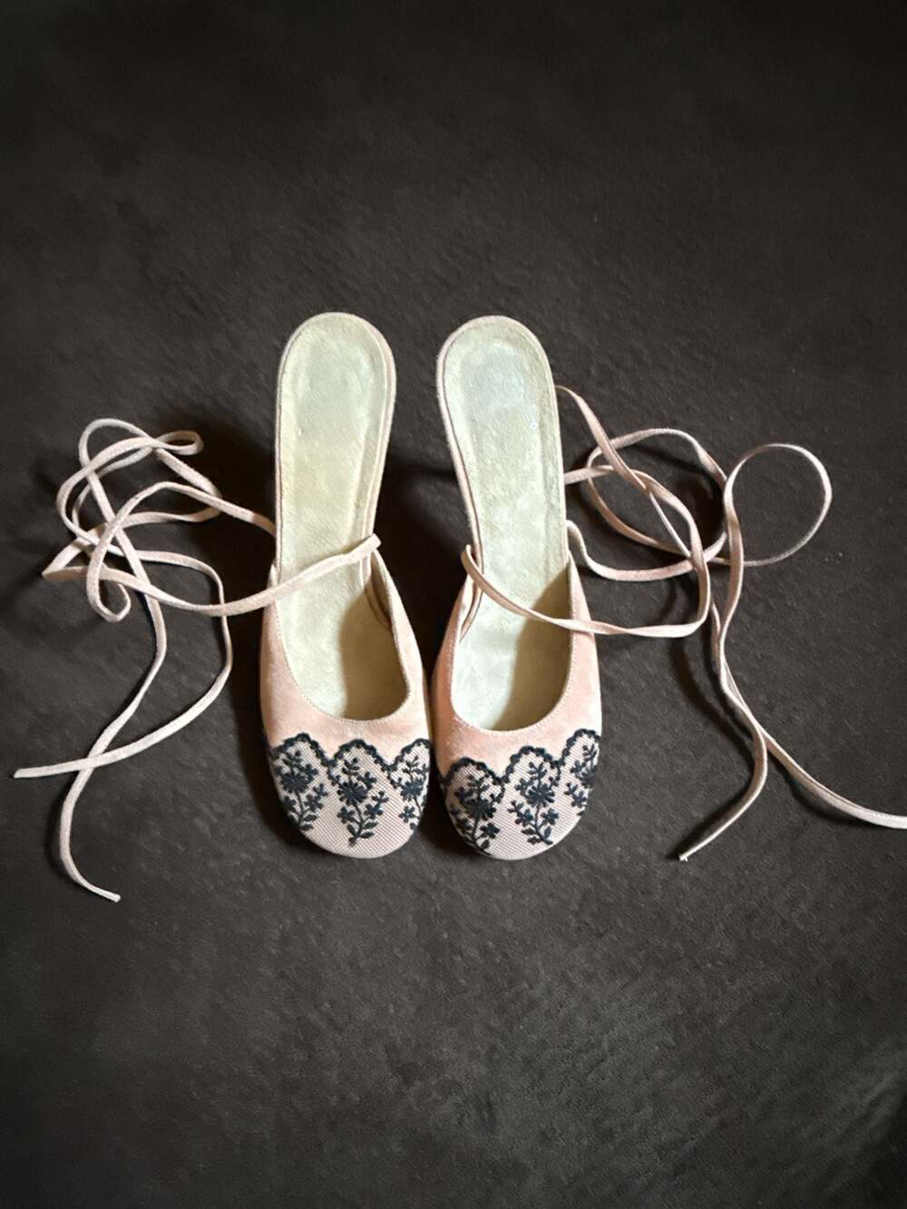 Ursula Mascaró Pink Suede Lace-Up Mules with Black Floral Embroidery